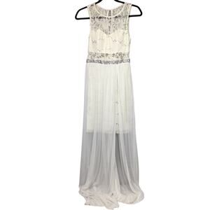 BCX Fairycore Prom Feminine Lace Sequins High Low Sheer Overlay Dress Cream 5